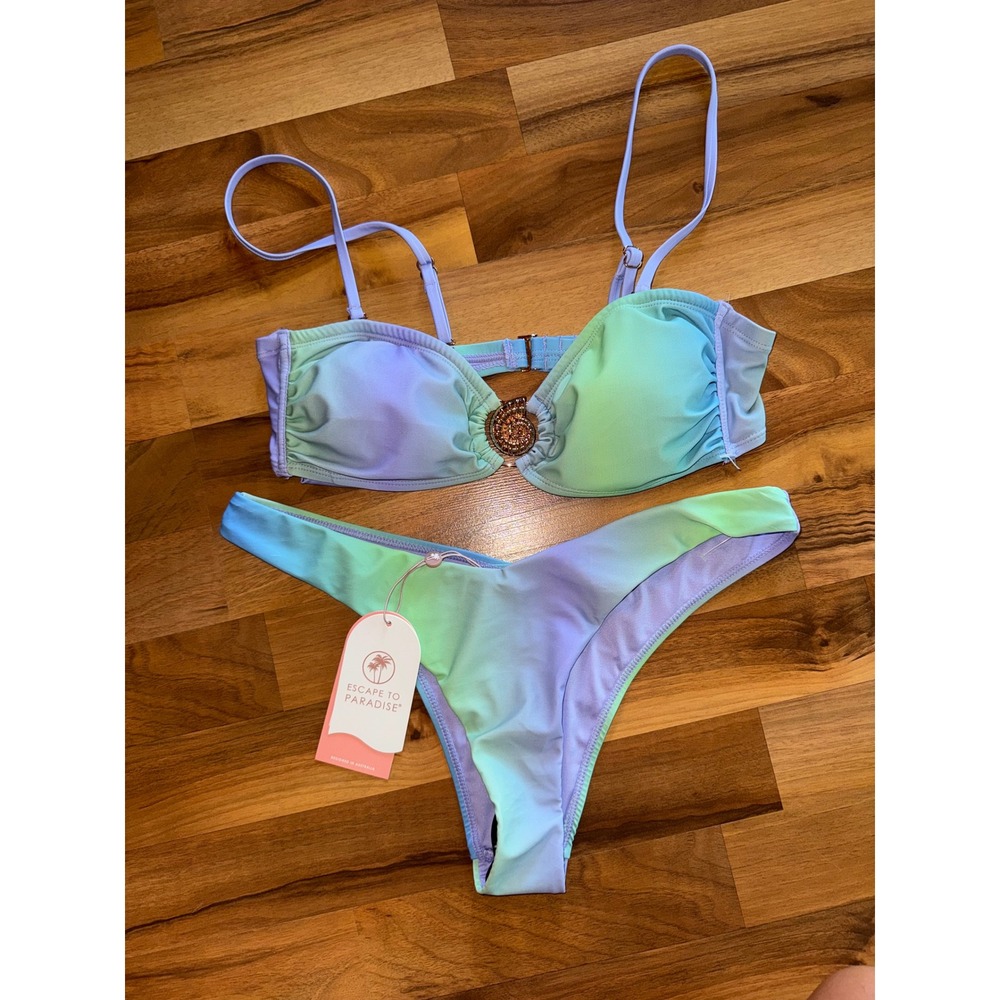 Escape to Paradise Bikini Set Women M Purple Green NEW Shell Detail Ombre Swim